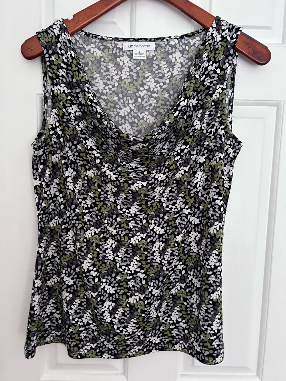 Liz Claiborne Black, Olive & White Floral Draped Cowl Neck Tank
